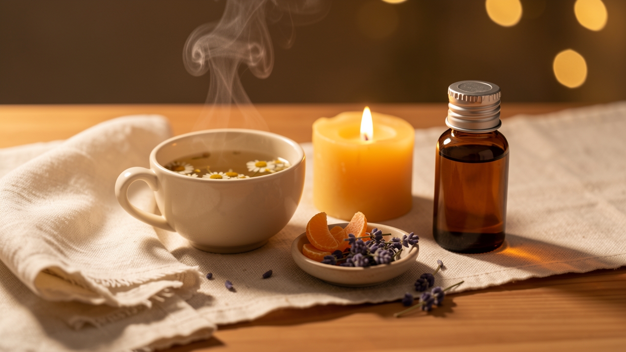 Ritual de descanso preparado en el estudio holístico de Arabian Ranches con velas, lavanda y aromaterapia