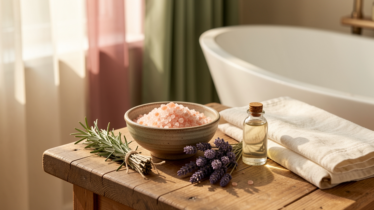 Himalayan salt, dried rosemary and a ceramic bowl in the closing ritual at the holistic studio