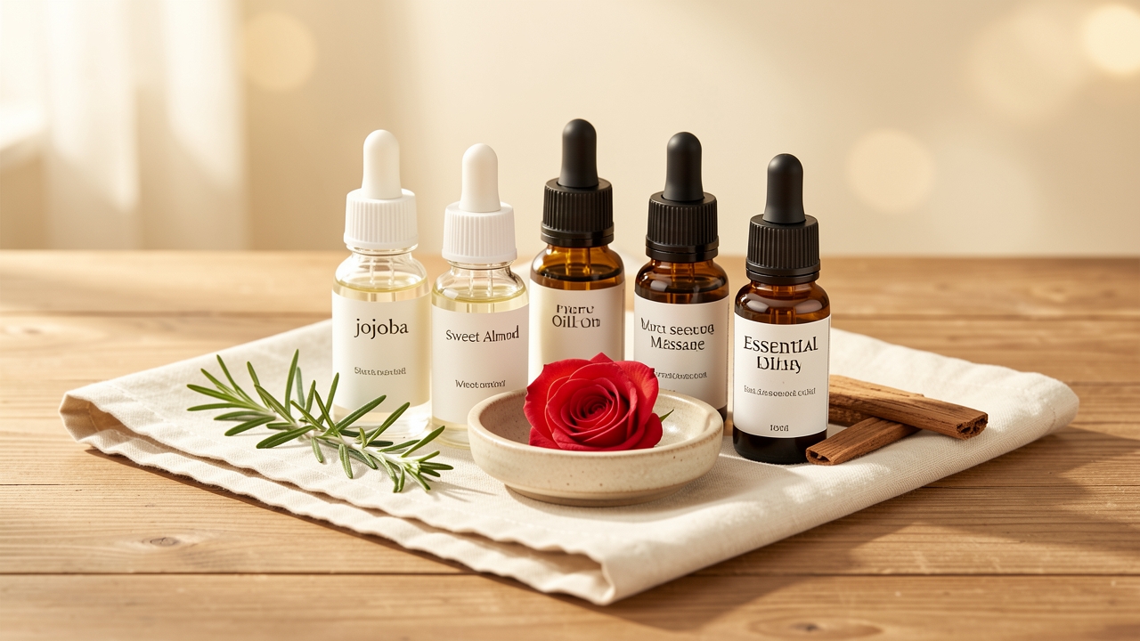 Aceites esenciales y frascos preparados para mezclas de masaje holístico en el estudio de Arabian Ranches