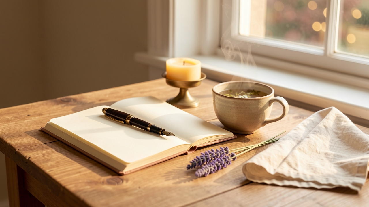 Notebook, candle and herbal tea cup in a morning emotional-care practice
