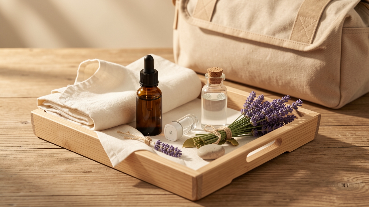 Bandeja de madera con un frasco de aceite esencial, un roll-on de aromaterapia, un frasco de Flores de Bach, lavanda fresca y un pañuelo de lino, preparada para un viaje de verano