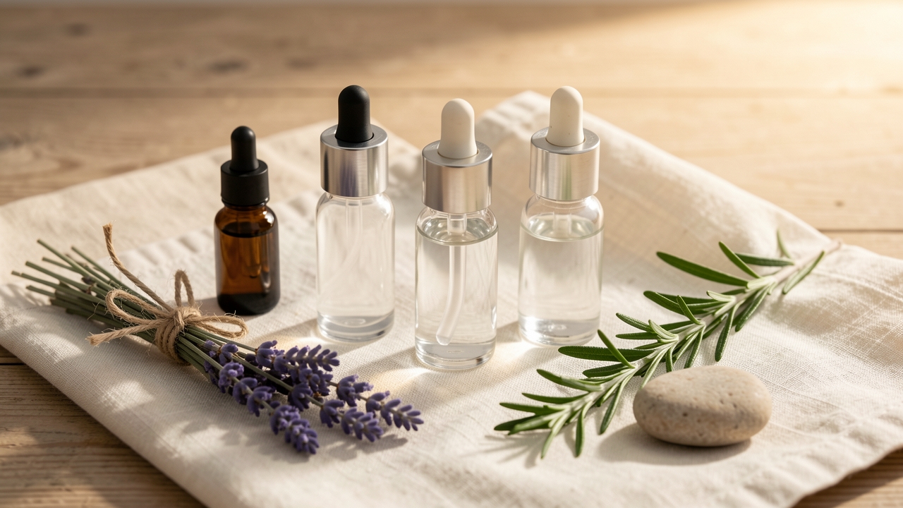 Roll-on de aromaterapia personalizado con ramillete de lavanda y romero fresco sobre una tela de lino crema