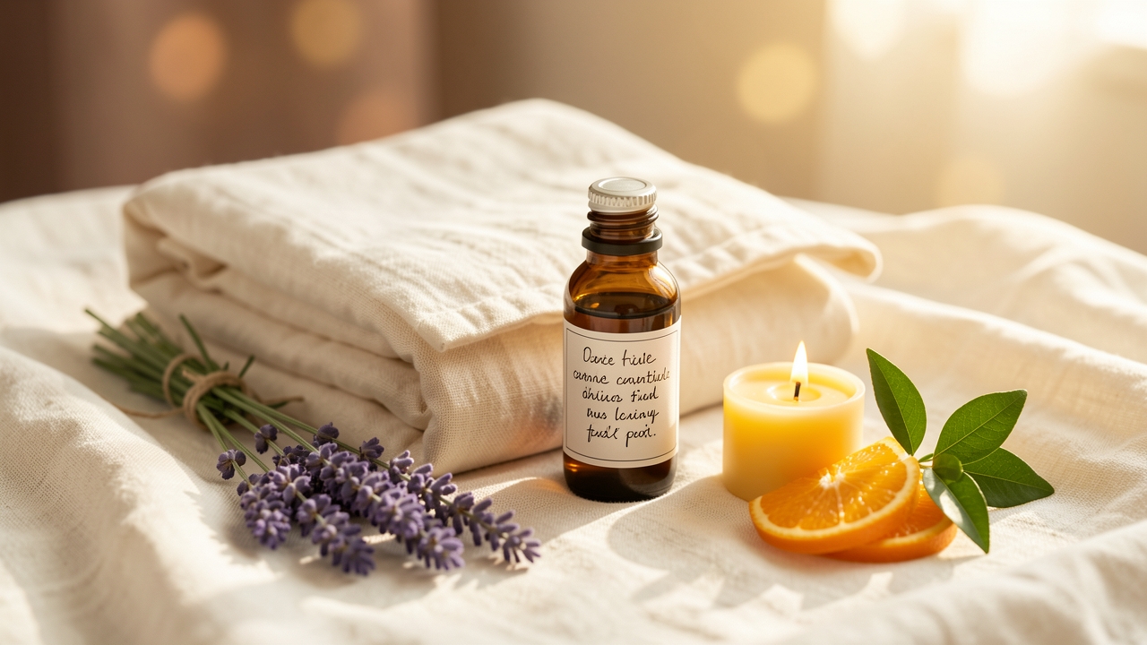 Detail of pillows, blanket and oils prepared for a Reiki session after birth
