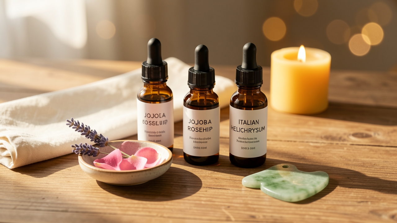 Carrier oils and essential oils prepared for a facial lymphatic drainage session