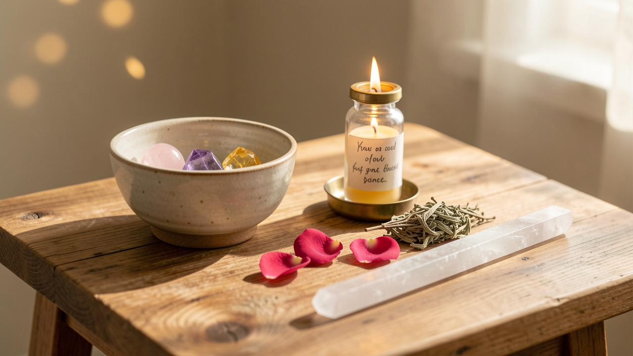Mesita personal con cristales, vela y aromaterapia preparada en el estudio holístico