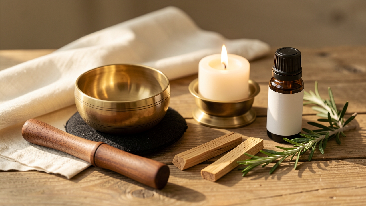 Cojín de meditación con cuenco tibetano, vela encendida y aromaterapia preparados para la práctica matinal
