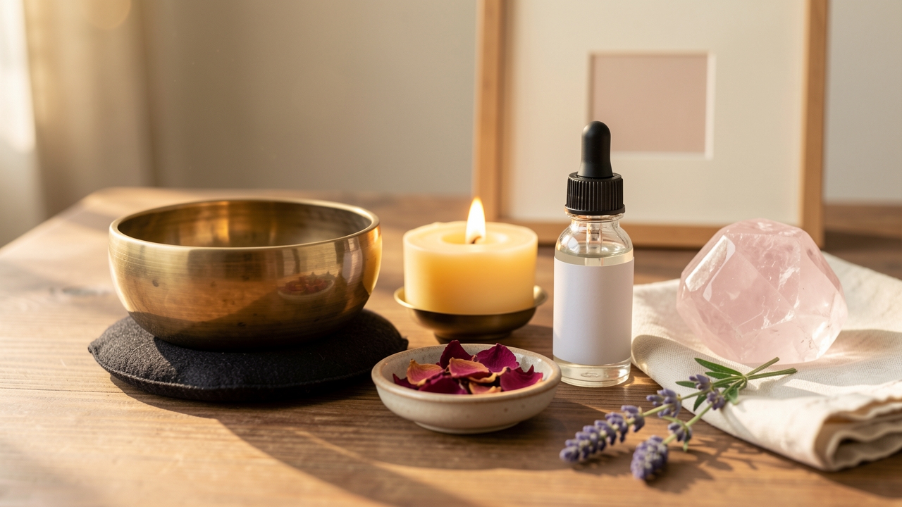 Detalle del espacio profesional con vela y aceites esenciales en el estudio de Arabian Ranches