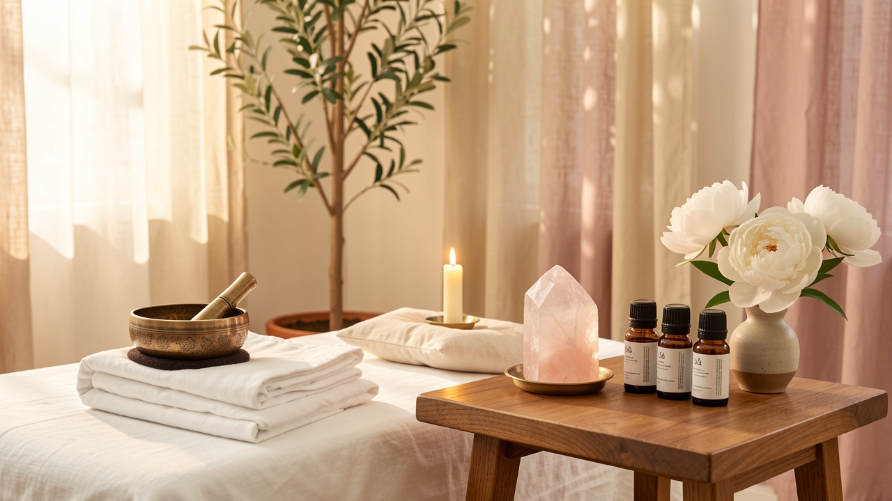 Espacio del estudio profesional con vela, cuenco tibetano y aceites esenciales en Arabian Ranches
